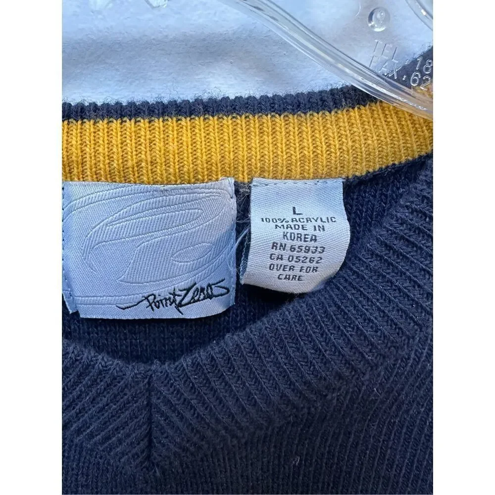 Point Zero Vtg mens navy v-neck sweater yellow white stripe size Large #39-1862 - Picture 2 of 4